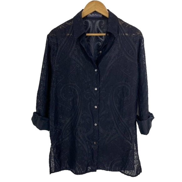 Burberry Tops - Burberry's Tunic Shirt Womens Size 8 Sheer Paisley Print Navy Blue Dark